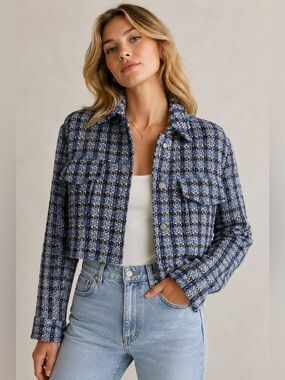 ZARA Blue Tweed Look Cropped Jacket Blazer Plaid Snap Front Size Small